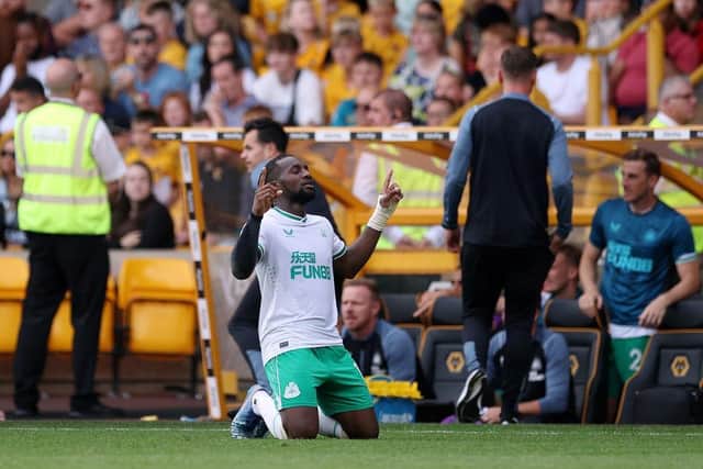 Allan Saint-Maximin of Newcastle United celebrates after scoring their team's first goal  during the Premier League match between Wolverhampton Wanderers and Newcastle United at Molineux on August 28, 2022 in Wolverhampton, England. (Photo by Eddie Keogh/Getty Images)