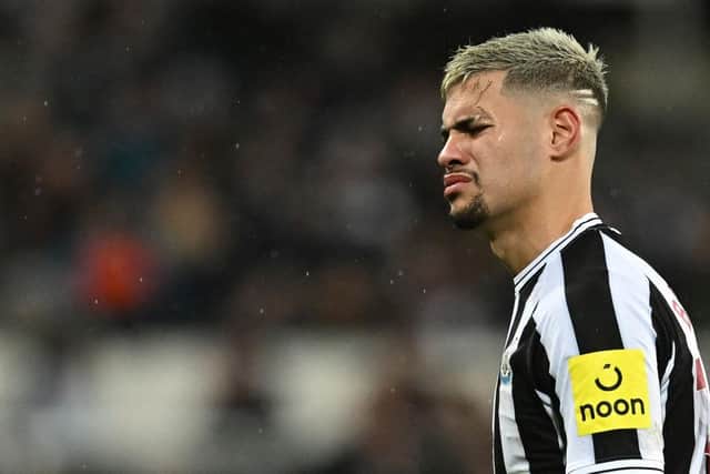 Newcastle United's Brazilian midfielder Bruno Guimaraes reacts as he leaves the pitch after receiving a red card during the English League Cup semi final football match between Newcastle United and Southampton at St James's Park stadium in Newcastle, on January 31, 2023. (Photo by PAUL ELLIS/AFP via Getty Images)