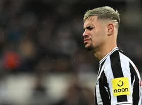 Newcastle United's Brazilian midfielder Bruno Guimaraes reacts as he leaves the pitch after receiving a red card during the English League Cup semi final football match between Newcastle United and Southampton at St James's Park stadium in Newcastle, on January 31, 2023. (Photo by PAUL ELLIS/AFP via Getty Images)