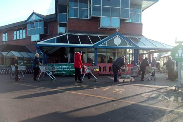 Shoppers queue patiently at Morrisons in Seaburn this morning