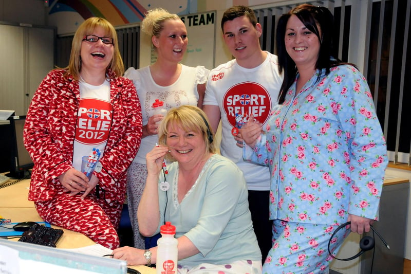Ross Beacher and his pyjama-clad colleages Amanda Henderson, Rachael Bell, Leanne Nicholson and Toni Bilton were raising laughs and money  while taking calls for Sport Relief at Barclays Call centre in Doxford Business Park, Sunderland.
