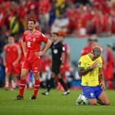 Bruno Guimaraes celebrates Brazil's win over Switzerland.