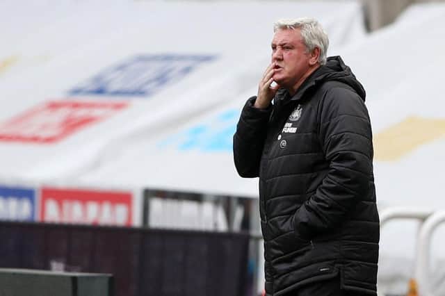 Newcastle United's English head coach Steve Bruce looks on from the sidelines during the English Premier League football match between Newcastle United and Tottenham Hotspur at St James' Park in Newcastle-upon-Tyne, north east England on April 4, 2021.