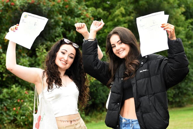 Whitburn Church of England Academy pupils Abigail Jane Boyce and her freind Harriet Scott celebrate their superb GCSE results.