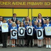 Pupils from Toner Avenue Primary School, Hebburn, School Council celebrate their Good rated Ofsted Report, with headteacher Nichola Fullard, and deputy headteacher Claire Hutchinson and Councillor Adam Ellison (rear left)