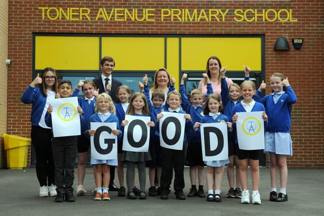 Pupils from Toner Avenue Primary School, Hebburn, School Council celebrate their Good rated Ofsted Report, with headteacher Nichola Fullard, and deputy headteacher Claire Hutchinson and Councillor Adam Ellison (rear left)