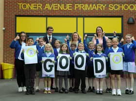 Pupils from Toner Avenue Primary School, Hebburn, School Council celebrate their Good rated Ofsted Report, with headteacher Nichola Fullard, and deputy headteacher Claire Hutchinson and Councillor Adam Ellison (rear left)