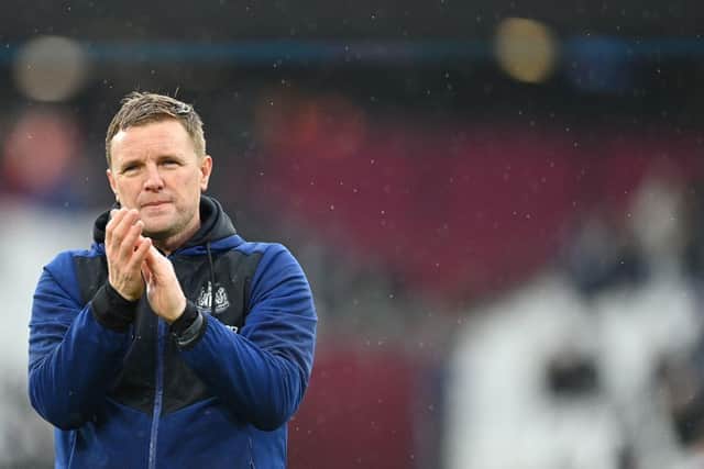 Newcastle United's English head coach Eddie Howe applauds at the end of the English Premier League football match between West Ham and Newcastle United at the London Stadium, in London on February 19, 2022. (Photo by JUSTIN TALLIS/AFP via Getty Images)
