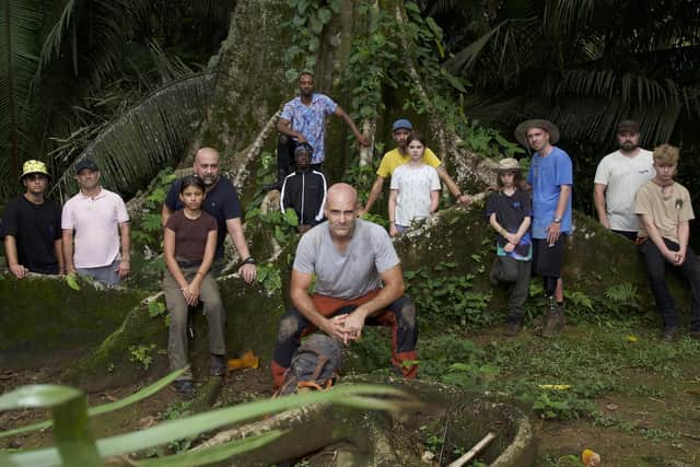 Expedition leader Ed Stafford (front) with the dads and kids taking part in Into the Jungle on Channel 4 (Picture: Channel 4/Quilz Tamay)