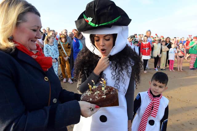 Jade Thirlwall celebrates her birthday with nephew Karl Thirlwall at the Cancer Connection Boxing Day Dip