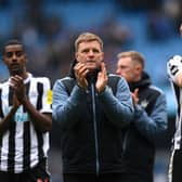 Eddie Howe, Manager of Newcastle United, applauds fans following the Premier League match between Manchester City and Newcastle United at Etihad Stadium on March 04, 2023 in Manchester, England. (Photo by Laurence Griffiths/Getty Images)