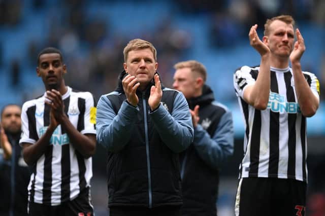 Eddie Howe, Manager of Newcastle United, applauds fans following the Premier League match between Manchester City and Newcastle United at Etihad Stadium on March 04, 2023 in Manchester, England. (Photo by Laurence Griffiths/Getty Images)