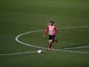 Dion Sanderson of Sunderland in action during the Sky Bet League One match between Shrewsbury Town and Sunderland at Montgomery Waters Meadow on February 09, 2021 in Shrewsbury.