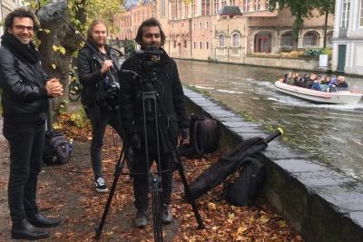 The crew set up for filming in the beautiful city of Bruges in Belgium