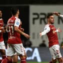 Sporting Braga's Portuguese midfielder Ricardo Horta (C) celebrates with teammates after scoring a goal during the Portuguese Taca da Liga (League Cup) semifinal football match between SC Braga and Sporting CP at the Municipal stadium of Braga  in Braga on January 21, 2020. (Photo by MIGUEL RIOPA / AFP) (Photo by MIGUEL RIOPA/AFP via Getty Images)