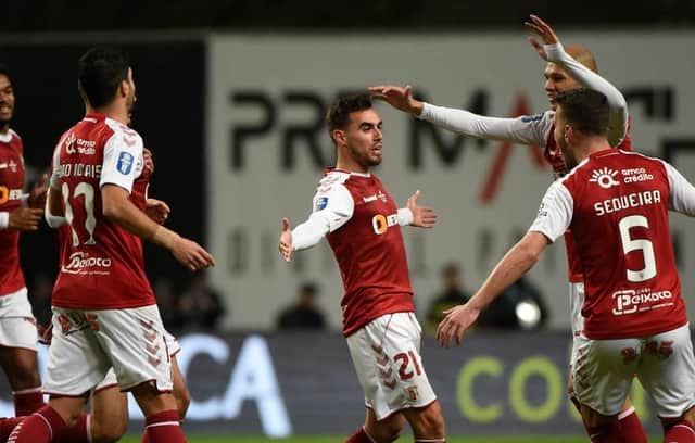 Sporting Braga's Portuguese midfielder Ricardo Horta (C) celebrates with teammates after scoring a goal during the Portuguese Taca da Liga (League Cup) semifinal football match between SC Braga and Sporting CP at the Municipal stadium of Braga in Braga on January 21, 2020. (Photo by MIGUEL RIOPA / AFP) (Photo by MIGUEL RIOPA/AFP via Getty Images)