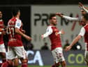 Sporting Braga's Portuguese midfielder Ricardo Horta (C) celebrates with teammates after scoring a goal during the Portuguese Taca da Liga (League Cup) semifinal football match between SC Braga and Sporting CP at the Municipal stadium of Braga  in Braga on January 21, 2020. (Photo by MIGUEL RIOPA / AFP) (Photo by MIGUEL RIOPA/AFP via Getty Images)
