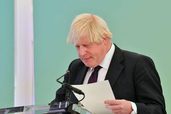Boris Johnson shuffling his papers during the 2021 CBI annual conference, held at The Port of Tyne, South Shields. Picture by FRANK REID