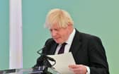 Boris Johnson shuffling his papers during the 2021 CBI annual conference, held at The Port of Tyne, South Shields. Picture by FRANK REID