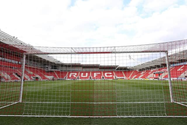 ROTHERHAM, ENGLAND - APRIL 15: General view inside the stadium prior to the Sky Bet Championship match between Rotherham United and Coventry City at AESSEAL New York Stadium on April 15, 2021 in Rotherham, England. Sporting stadiums around the UK remain under strict restrictions due to the Coronavirus Pandemic as Government social distancing laws prohibit fans inside venues resulting in games being played behind closed doors. (Photo by George Wood/Getty Images)