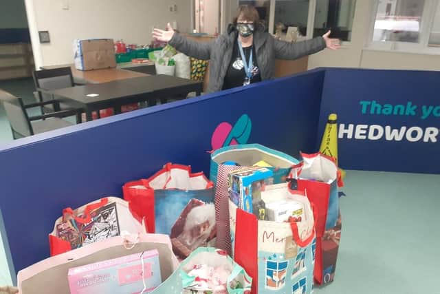 Centre manager Christine Greene with just a small part of the goodies collected and handed out by Hedworthfield Community Association following some amazing generosity.