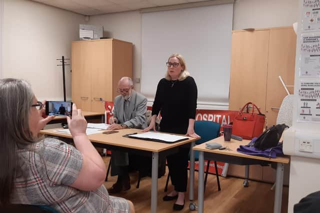 Emma Lewell-Buck addresses the meeting, flanked by Save South Tyneside Hospital Campaign chairman Roger Nettleship