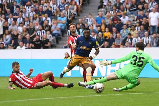 Newcastle United's Allan Saint-Maximin scores his team's second goal.