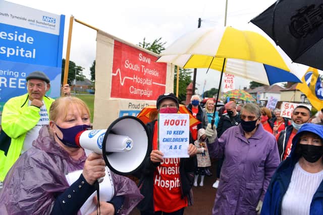 Campaign organiser Marion Langley protesting against changes to children's A&E at South Tyneside District Hospital.
