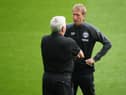 Newcastle United's English head coach Steve Bruce (L) chats with Brighton's English manager Graham Potter (R) on the pitch ahead of the English Premier League football match between Newcastle United and Brighton and Hove Albion at St James' Park in Newcastle upon Tyne, north-east England on September 20, 2020.