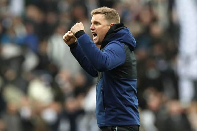 Eddie Howe, Manager of Newcastle United celebrates with fans after their sides victory during the Premier League match between Newcastle United and Brighton & Hove Albion at St. James Park on March 05, 2022 in Newcastle upon Tyne, England. (Photo by Ian MacNicol/Getty Images)