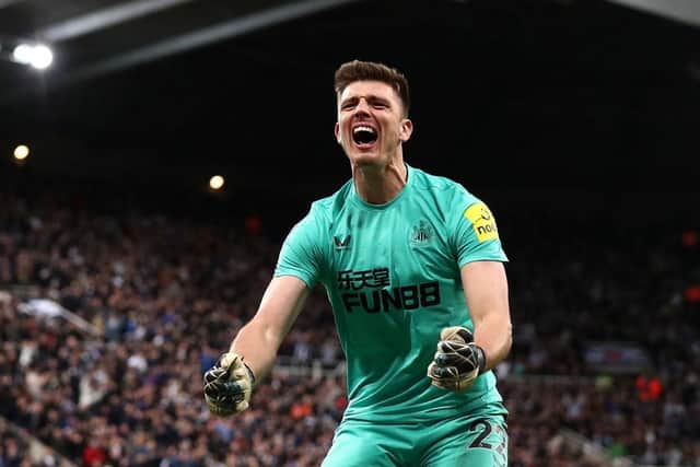 Nick Pope of Newcastle United celebrates their sides victory following a penalty shoot out after the Carabao Cup Third Round match between Newcastle United and Crystal Palace at St James' Park on November 09, 2022 in Newcastle upon Tyne, England. (Photo by George Wood/Getty Images)