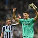 NEWCASTLE UPON TYNE, ENGLAND - JANUARY 31: Nick Pope of Newcastle United celebrates following the team's victory in the Carabao Cup Semi Final 2nd Leg match between Newcastle United and Southampton at St James' Park on January 31, 2023 in Newcastle upon Tyne, England. (Photo by Gareth Copley/Getty Images)