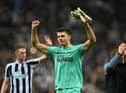 NEWCASTLE UPON TYNE, ENGLAND - JANUARY 31: Nick Pope of Newcastle United celebrates following the team's victory in the Carabao Cup Semi Final 2nd Leg match between Newcastle United and Southampton at St James' Park on January 31, 2023 in Newcastle upon Tyne, England. (Photo by Gareth Copley/Getty Images)