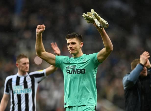 NEWCASTLE UPON TYNE, ENGLAND - JANUARY 31: Nick Pope of Newcastle United celebrates following the team's victory in the Carabao Cup Semi Final 2nd Leg match between Newcastle United and Southampton at St James' Park on January 31, 2023 in Newcastle upon Tyne, England. (Photo by Gareth Copley/Getty Images)