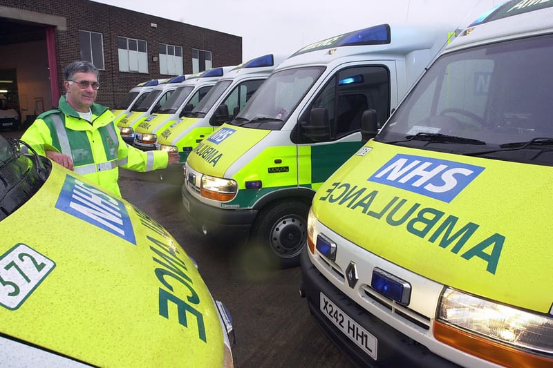 Paramedic Rod Spratley with some of the new ambulances based in Doncaster at Clay Lane West in February 2001