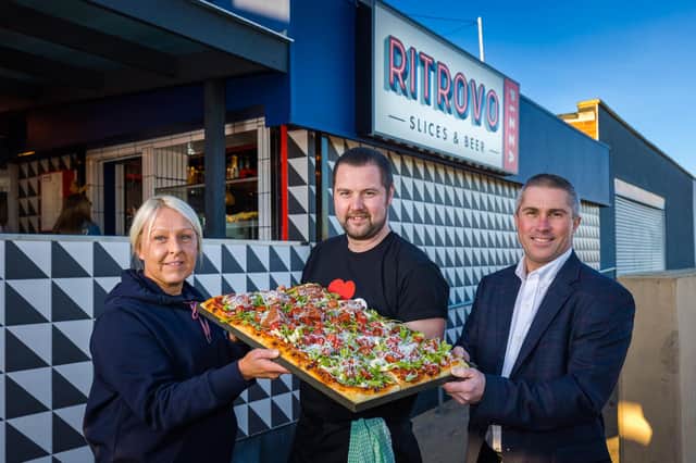 Jonathan Halling & Louisa Smith (founders of Ritrovo) with Cllr Mark Walsh at Ritrovo Pizza Takeaway.