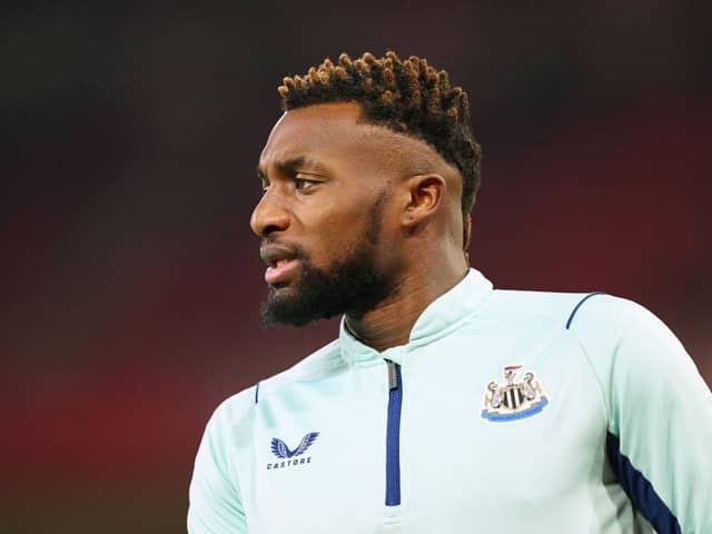 NOTTINGHAM, ENGLAND - MARCH 17: Allan Saint-Maximin of Newcastle United looks on as he warms up prior to the Premier League match between Nottingham Forest and Newcastle United at City Ground on March 17, 2023 in Nottingham, England. (Photo by Laurence Griffiths/Getty Images)