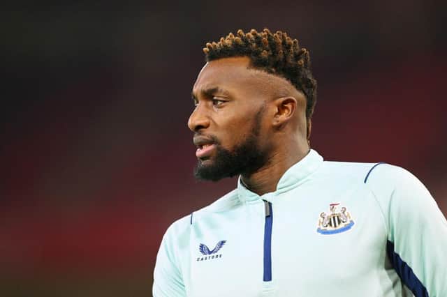 NOTTINGHAM, ENGLAND - MARCH 17: Allan Saint-Maximin of Newcastle United looks on as he warms up prior to the Premier League match between Nottingham Forest and Newcastle United at City Ground on March 17, 2023 in Nottingham, England. (Photo by Laurence Griffiths/Getty Images)