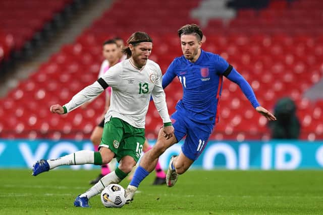 Jeff Hendrick battles for possession with England's Jack Grealish last night.