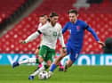Jeff Hendrick battles for possession with England's Jack Grealish last night.