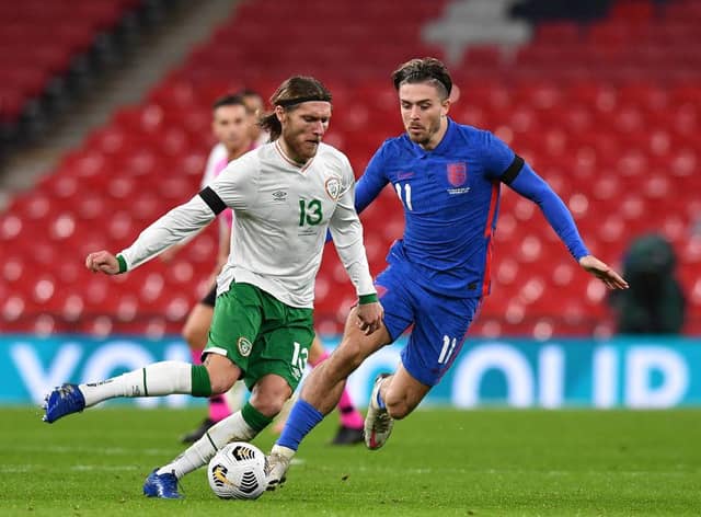 Jeff Hendrick battles for possession with England's Jack Grealish last night.