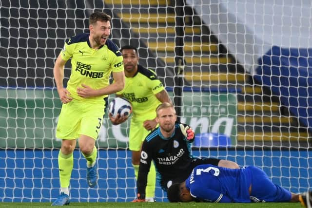 Paul Dummett celebrates his goal against Leicester City.