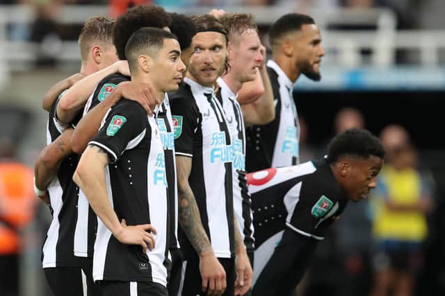 NEWCASTLE UPON TYNE, ENGLAND - AUGUST 25: Miguel Almiron of Newcastle United reacts in the shootout during the Carabao Cup Second Round match between Newcastle United and Burnley at St. James Park on August 25, 2021 in Newcastle upon Tyne, England. (Photo by Ian MacNicol/Getty Images)