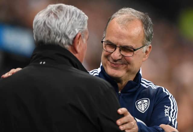 Leeds United manager Marcelo Bielsa greets Steve Bruce.