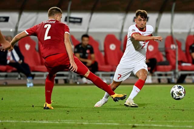 Turkey's midfielder Cengiz Under (R) controls the ball in front of Serbia's defender Starhinja Pavlovic during the UEFA Nations League, league B, day 2, group 3 football match between Serbia and Turkey at the Rajko Mitic stadium in Belgrade on September 6, 2020. (Photo by ANDREJ ISAKOVIC / AFP) (Photo by ANDREJ ISAKOVIC/AFP via Getty Images)