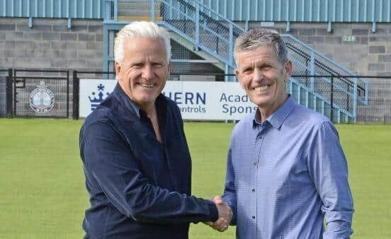 South Shields FC chairman Geoff Thompson with Carl Mowatt.