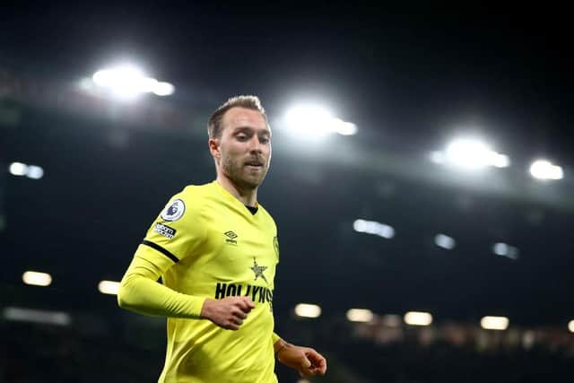 Christian Eriksen in action for Brentford against Manchester United (Photo by Naomi Baker/Getty Images)