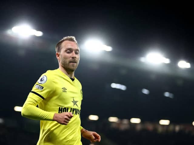 Christian Eriksen in action for Brentford against Manchester United (Photo by Naomi Baker/Getty Images)