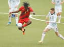 Belgium's Johan Bakayoko and Scotland's Elliot Anderson fight for the ball during a soccer game between the U21 teams of Belgium and Scotland, Sunday 05 June 2022 in Sint-Truiden, the last qualification match (out of 8) in the group I, for the 2023 Under-21 European Championships. (Photo by BRUNO FAHY/BELGA MAG/AFP via Getty Images)