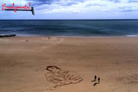 One of the thought-provoking artworks made by Jax Higgison on the beach at Seaburn.
